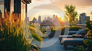 Rooftop Garden Terrace with Urban Skyline at Sunset. Resplendent.