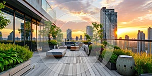 Rooftop Garden Terrace with Urban Skyline at Sunset. Resplendent.