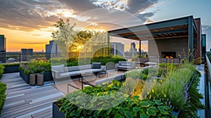 Rooftop Garden Terrace with Urban Skyline at Sunset. Resplendent.