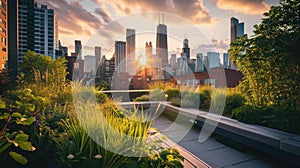 Rooftop Garden Terrace with Urban Skyline at Sunset. Resplendent.