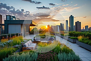 Rooftop Garden Terrace with Urban Skyline at Sunset. Resplendent.