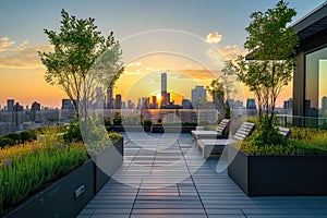 Rooftop Garden Terrace with Urban Skyline at Sunset. Resplendent.