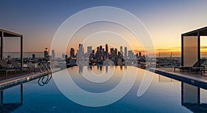 Rooftop Infinity Pool with City Skyline at Sunset