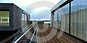 Rooftop patio of an advanced high-tech home. Terrace board flooring. Steel and glass railing. 3d render