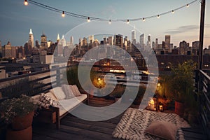 Rooftop patio with a city skyline at dusk. Urban outdoor seating area with scenic view of skyscrapers at night.