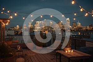 Rooftop patio with a city skyline at dusk. Urban outdoor seating area with scenic view of skyscrapers at night.