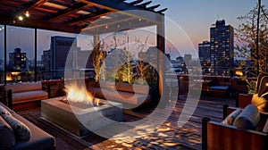 The rooftop terrace is transformed into a cozy and intimate setting warmed by the glow of ambient firelight. 2d flat photo