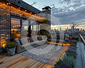 Rooftop urban garden with cozy seating and string lights