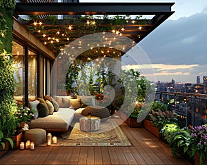 Rooftop urban garden with cozy seating and string lights