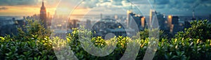 Rooftop Urban Garden with Soft Edges of Greenery and Skyline