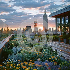 Rooftop Urban Garden with Soft Edges of Greenery and Skyline