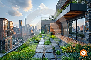 Rooftop Urban Garden with Soft Edges of Greenery and Skyline