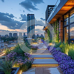 Rooftop Urban Garden with Soft Edges of Greenery and Skyline