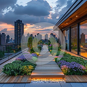 Rooftop Urban Garden with Soft Edges of Greenery and Skyline