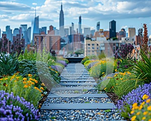 Rooftop Urban Garden with Soft Edges of Greenery and Skyline