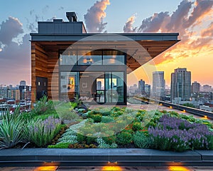 Rooftop Urban Garden with Soft Edges of Greenery and Skyline