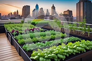 Rooftop vegetable and herb garden, with rows of thriving plants and a sustainable gardening setup.