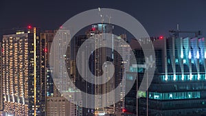 Rooftop view on amazing Dubai marina and JLT skyscrapers aerial timelapse, Dubai, United Arab Emirates