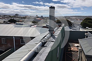 rooftop view of city, with downpipe being replaced and new pipe being installed