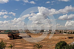 Rooftop view of city Meknes, Morocco. With in the foreground the roof of the old Prison de Kara of the christian slaves