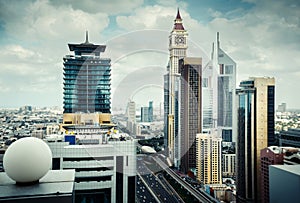 Rooftop view of Dubai's business bay towers. Famous Dubai's landmark.