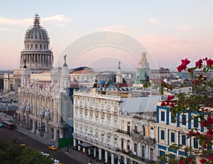 Rooftop view of El Capitolio Building in Havana, Cuba during day break