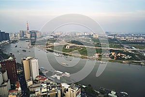 Rooftop view of Ho Chi Minh city with  Saigon river