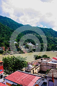 Rooftop view of Rishikesh on the banks of the gange