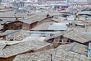 Rooftop view of Shangri la old town at Golden temple or Dafo temple located in Zhongdian city  Shangri-La. landmark and popular