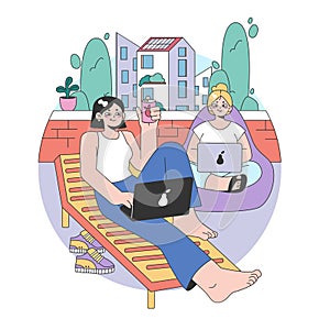 Rooftop work relaxation concept. Flat vector illustration