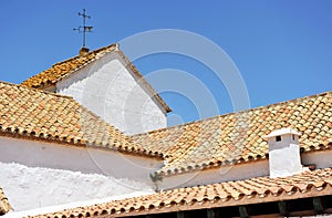 Rooftops and chimney of a typical Andalusian cortijo farmhouse located in the fertile farmlands near the city of Seville