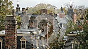 The rooftops of historic townhouses dotted with chimneys and adorned with decorative weathervanes offering a glimpse