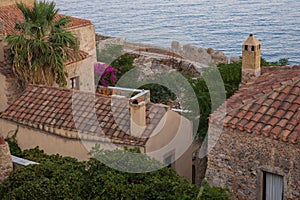 Rooftops of Monemvasia castle overlooking the Aegean sea.