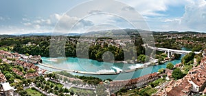 The rooftops and the river Aare which runs through the center of Bern, capital city of Switzerland.