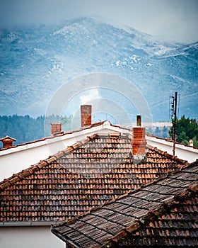 Rooftops with smoking chimneys in winter