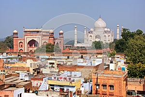 Rooftops of Taj Ganj neighborhood and Taj Mahal in Agra, India