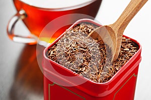 Rooibos in tea tin box closeup