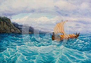 The rook with the vikings sailing along the rocky coast