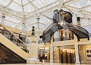 Rookery Building, Chicago, IL - August 3, 2017: Light court lobby of the Rookery Building, South LaSalle St, Loop area, Chicago, C