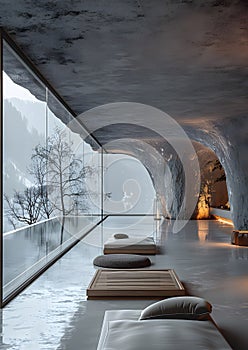 Room with abundant windows and floor cushions, like in an ice hotel