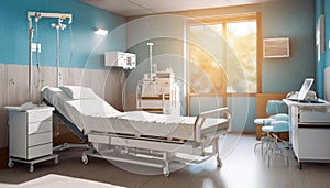 Room with bed and comfortable medical equipped in a hospital. Generated with AI