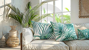 room with a beige sofa adorned with green, tropical leaf-patterned cushions. Coastal interior design of living room
