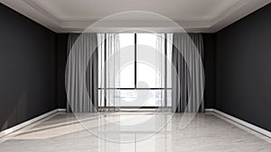 Room with the black wall, marble floor, wide panoramic window, drapes, and gray curtains. 3d illustration