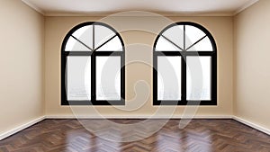 Room with brown wall, wooden herringbone floor, two antique windows.