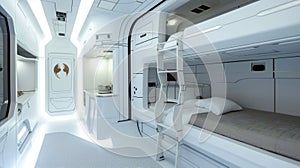 Room with bunk bed in spaceship, interior design of starship. Living compartment for crew or passengers in futuristic spacecraft.