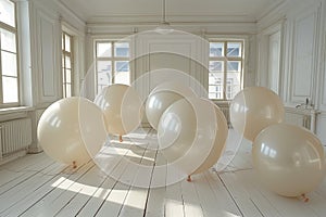 A room bursting with numerous white balloons