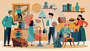 A room bustling with energy as antique collectors eagerly swap items and add new treasures to their collections.. Vector photo