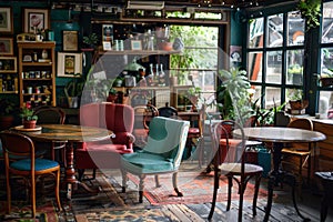 A room bustling with various furniture pieces and lush plants creating a cozy atmosphere, A cozy coffee shop with mismatched photo