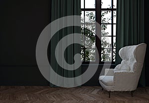 Room with chair and curtains