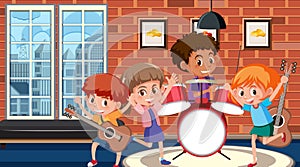 Room with children playing music in band